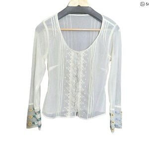 J. Jill Sheer Cream Blouse Size Small with Embroidered Cuffs